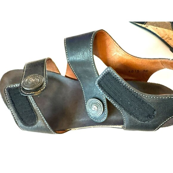 Taos Black Leather Carousel Wedge Sandals W/Cork Heel Size 38 US 8 - Picture 6 of 9